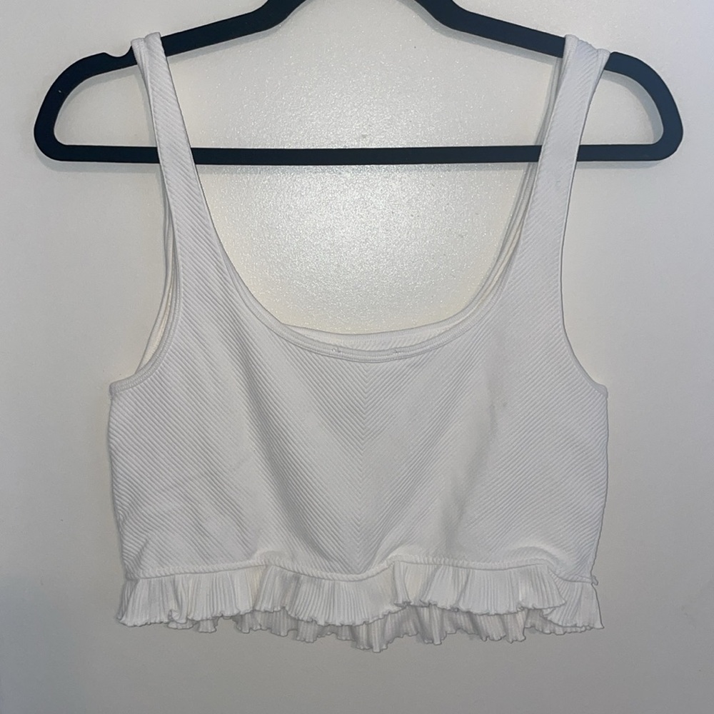 Zara White Ruffled Ribbed Women's Crop Top | M/L - Picture 3 of 5